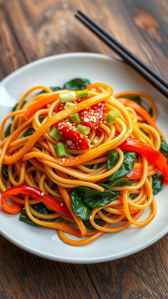 A colorful serving of vegan japchae with sweet potato noodles and assorted vegetables, garnished with sesame seeds and green onions.